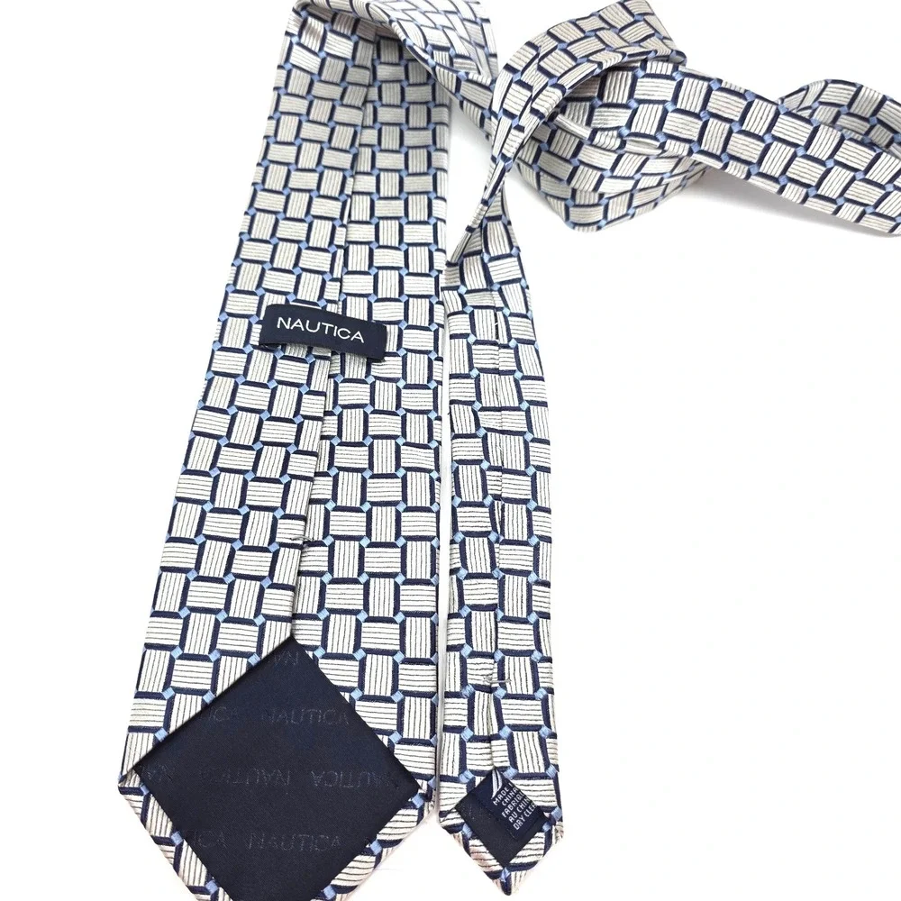Nautica Tie Mens Silver Blue Geometric Silk Woven Designer Classic Luxury